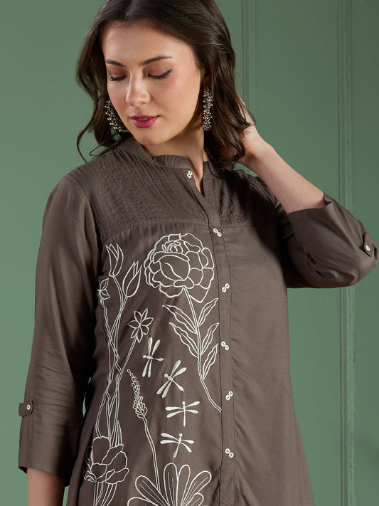 Floral Threadwork Embroidered A-Line Co-ord Set - Grey