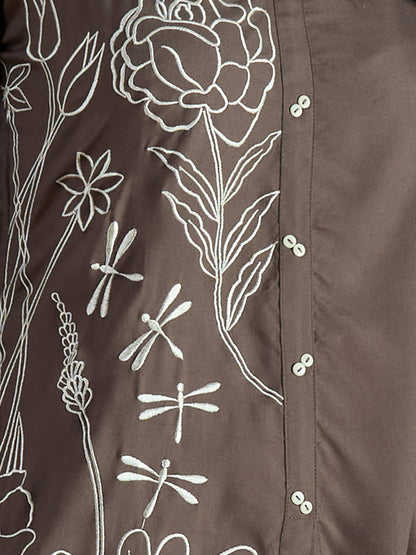 Floral Threadwork Embroidered A-Line Co-ord Set - Grey