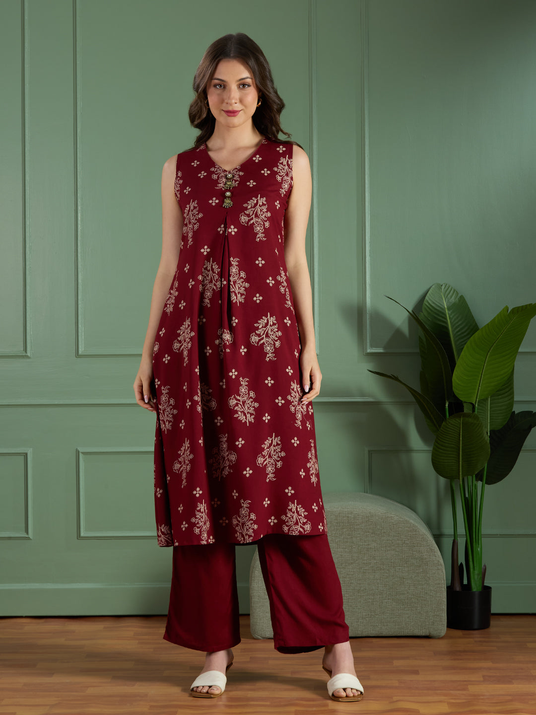 Floral Printed A-Line Flared Kurta with Palazzo - Maroon