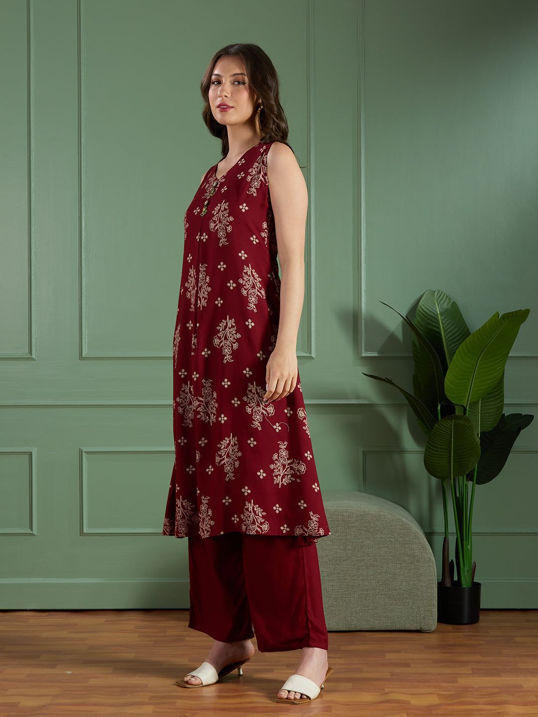 Floral Printed A-Line Flared Kurta with Palazzo - Maroon