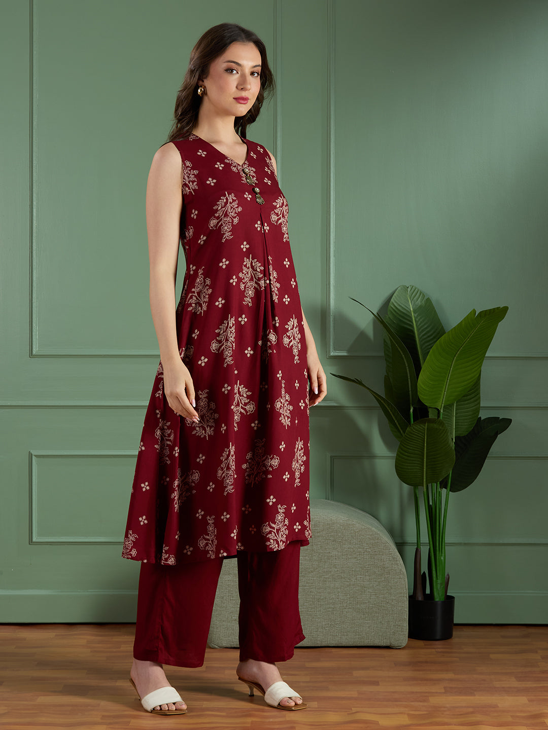 Floral Printed A-Line Flared Kurta with Palazzo - Maroon