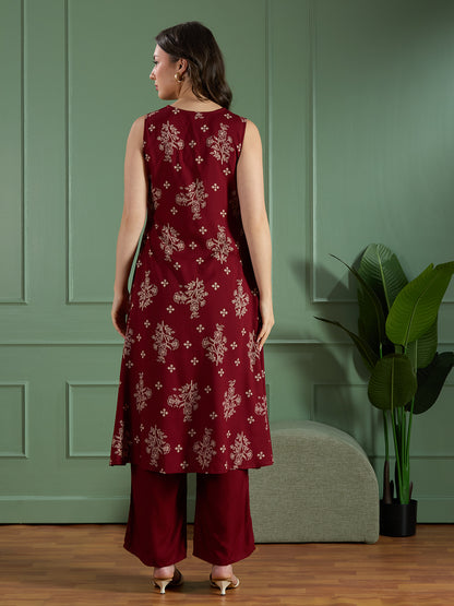 Floral Printed A-Line Flared Kurta with Palazzo - Maroon