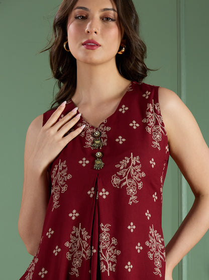 Floral Printed A-Line Flared Kurta with Palazzo - Maroon