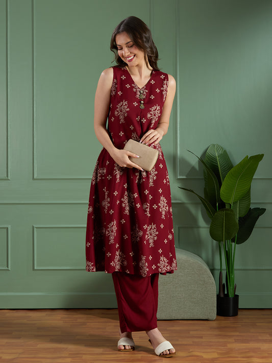 Floral Printed A-Line Flared Kurta with Palazzo - Maroon