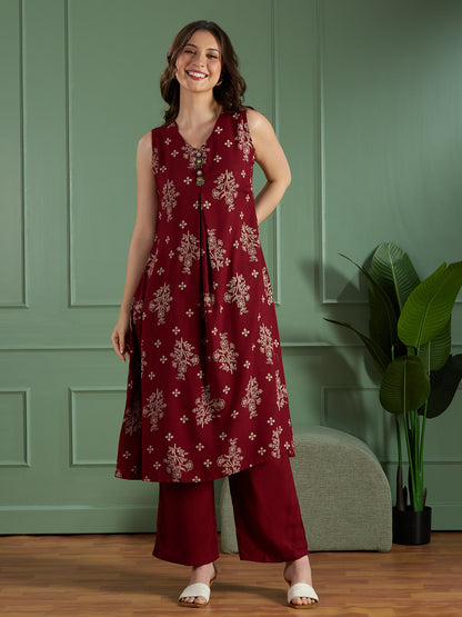 Floral Printed A-Line Flared Kurta with Palazzo - Maroon