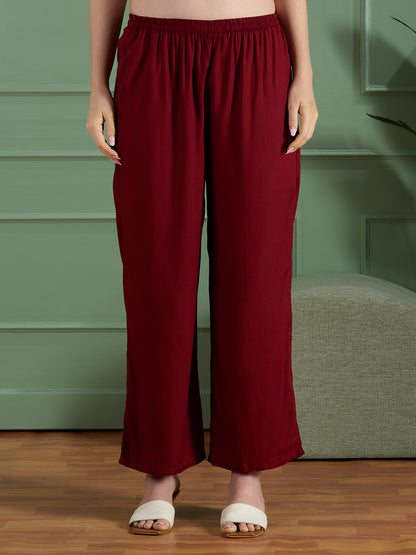 Floral Printed A-Line Flared Kurta with Palazzo - Maroon