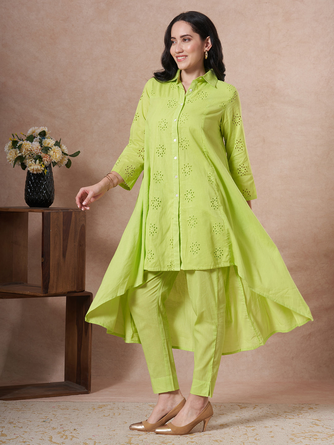 Solid Schiffli Embroidered A-Line High - Low Co-ord Set - Lime Green