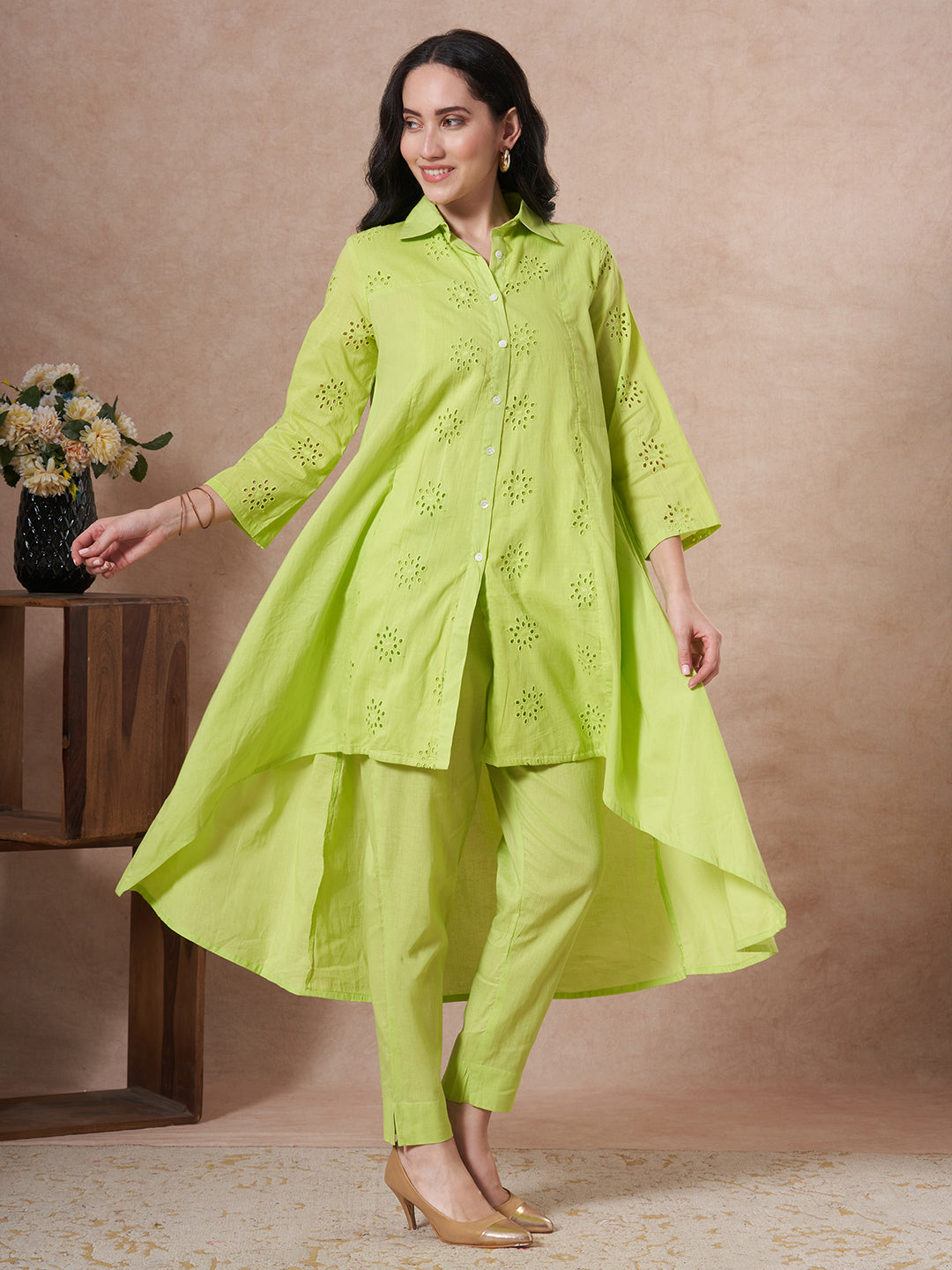 Solid Schiffli Embroidered A-Line High - Low Co-ord Set - Lime Green