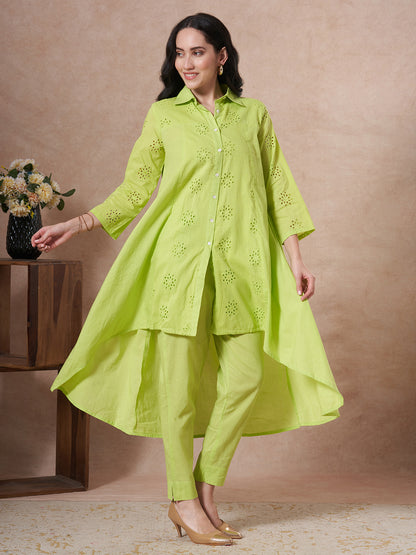 Solid Schiffli Embroidered A-Line High - Low Co-ord Set - Lime Green