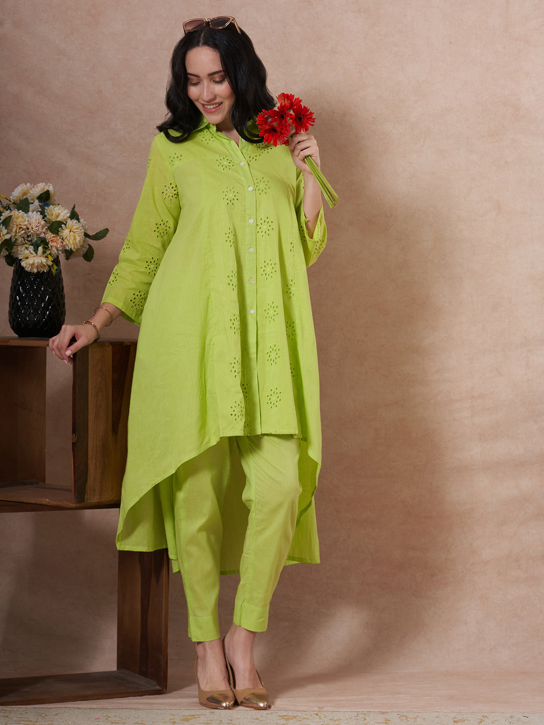 Solid Schiffli Embroidered A-Line High - Low Co-ord Set - Lime Green