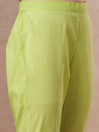 Solid Schiffli Embroidered A-Line High - Low Co-ord Set - Lime Green