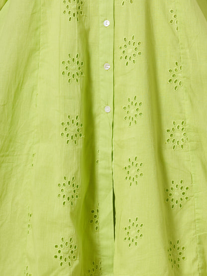 Solid Schiffli Embroidered A-Line High - Low Co-ord Set - Lime Green