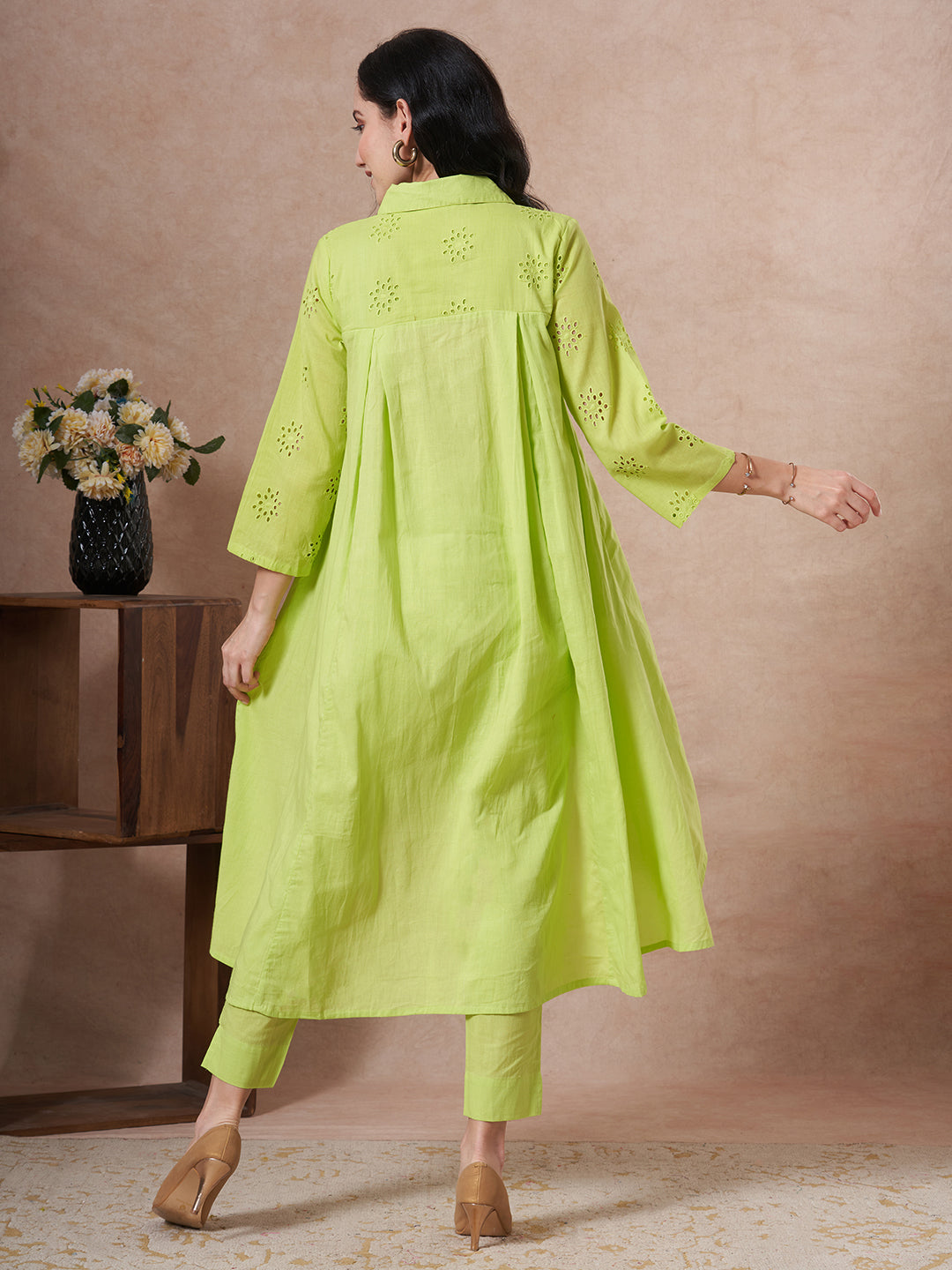 Solid Schiffli Embroidered A-Line High - Low Co-ord Set - Lime Green