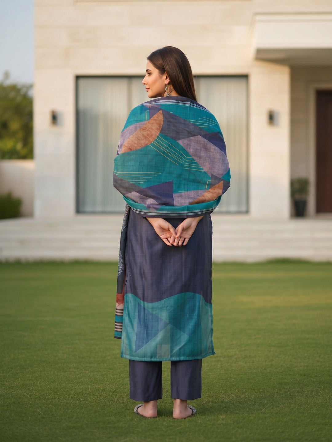 Abstract Floral Printed Embroidered Straight Fit Kurta with Pant and Dupatta - Blue