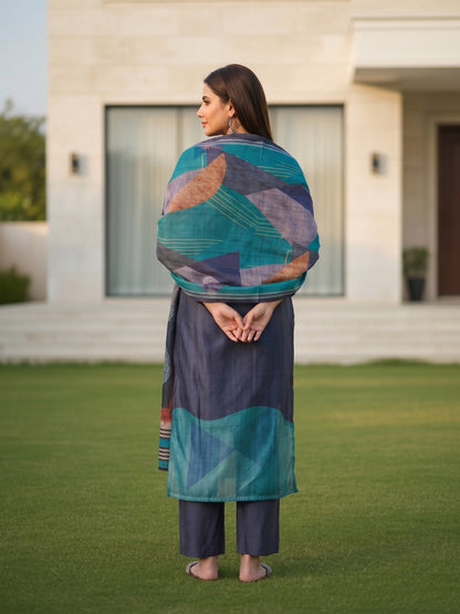 Abstract Floral Printed Embroidered Straight Fit Kurta with Pant and Dupatta - Blue