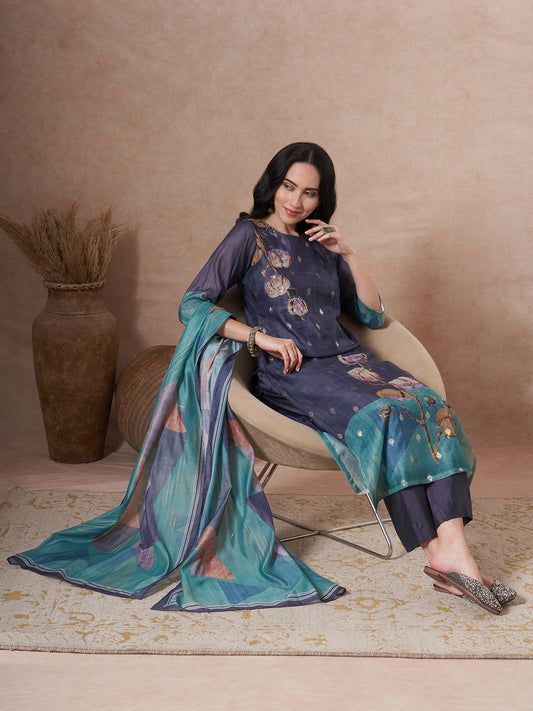 Abstract Floral Printed Embroidered Straight Fit Kurta with Pant and Dupatta - Blue