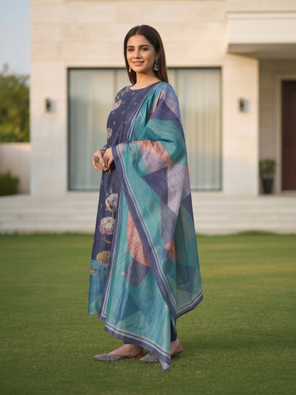 Abstract Floral Printed Embroidered Straight Fit Kurta with Pant and Dupatta - Blue