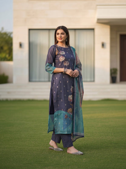 Abstract Floral Printed Embroidered Straight Fit Kurta with Pant and Dupatta - Blue