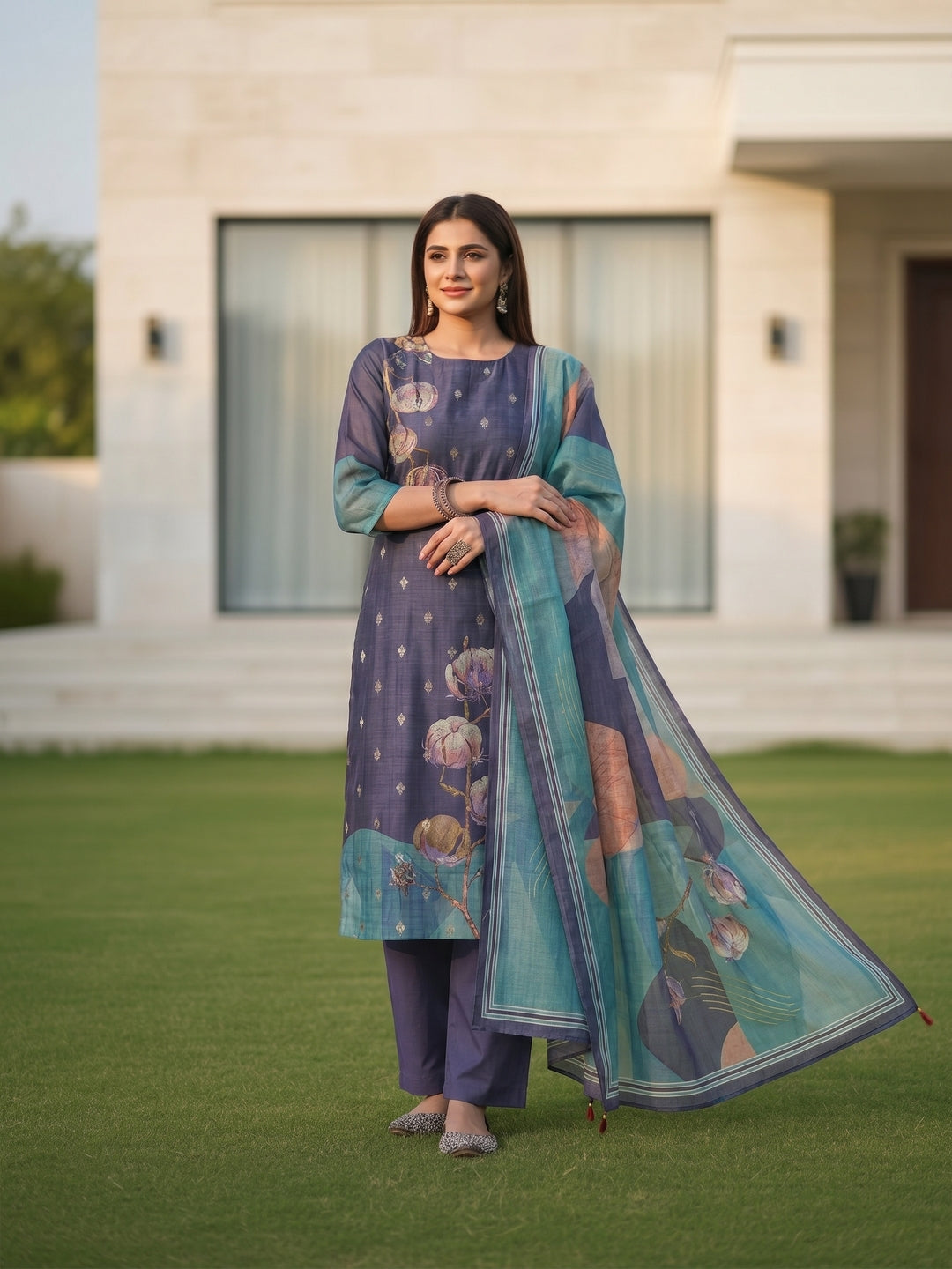 Abstract Floral Printed Embroidered Straight Fit Kurta with Pant and Dupatta - Blue