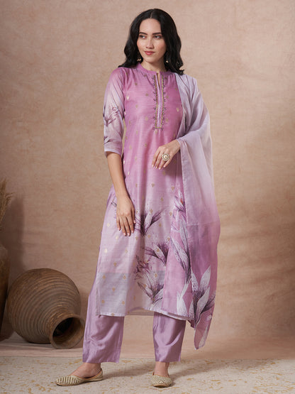 Floral Printed Embroidered Straight Fit Kurta with Pant and Dupatta - Mauve