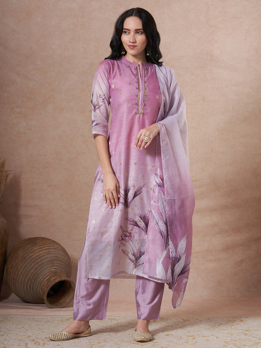 Floral Printed Embroidered Straight Fit Kurta with Pant and Dupatta - Mauve