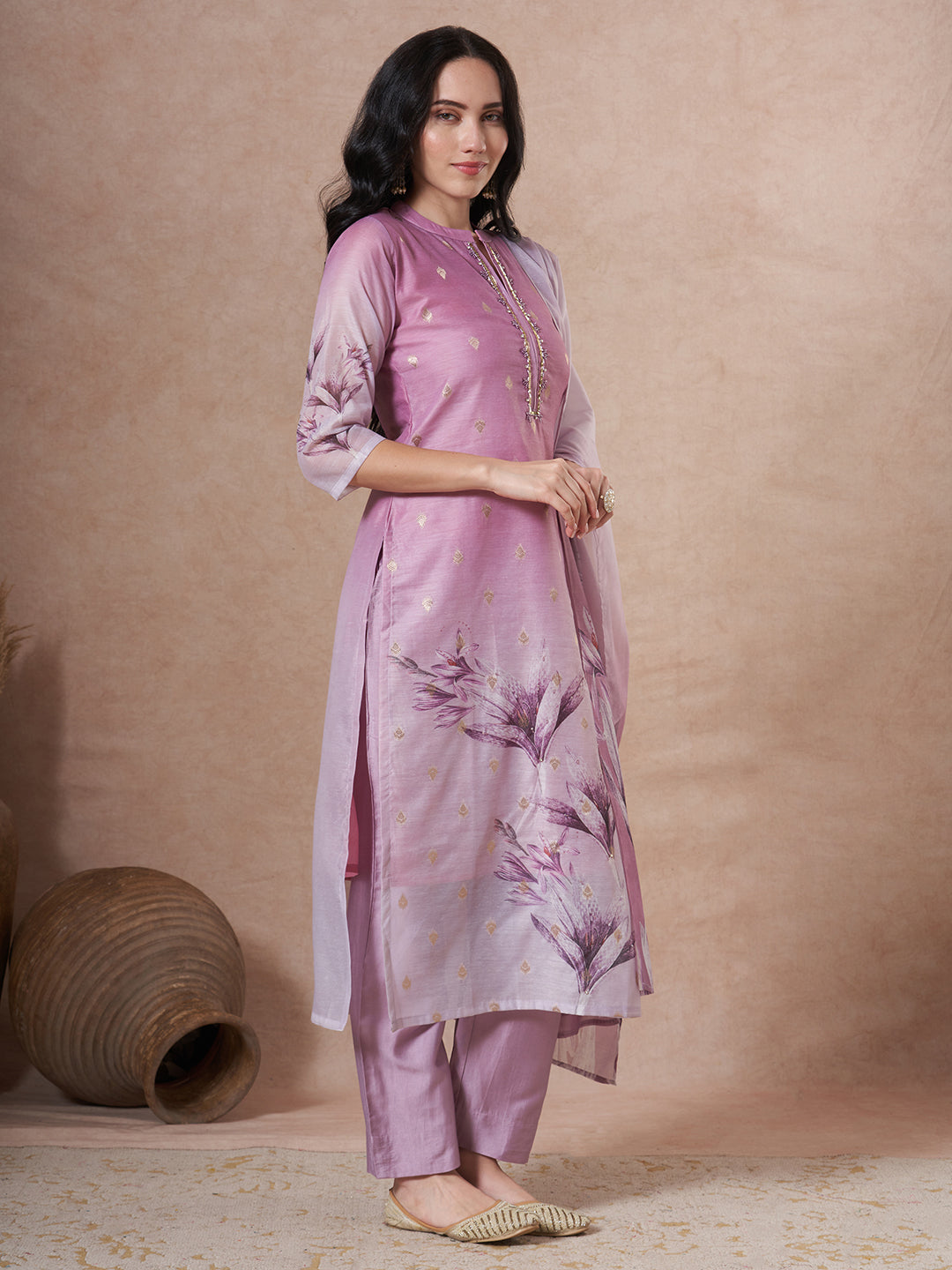 Floral Printed Embroidered Straight Fit Kurta with Pant and Dupatta - Mauve