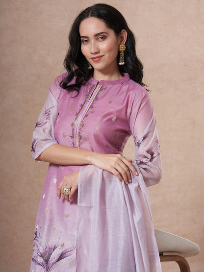 Floral Printed Embroidered Straight Fit Kurta with Pant and Dupatta - Mauve