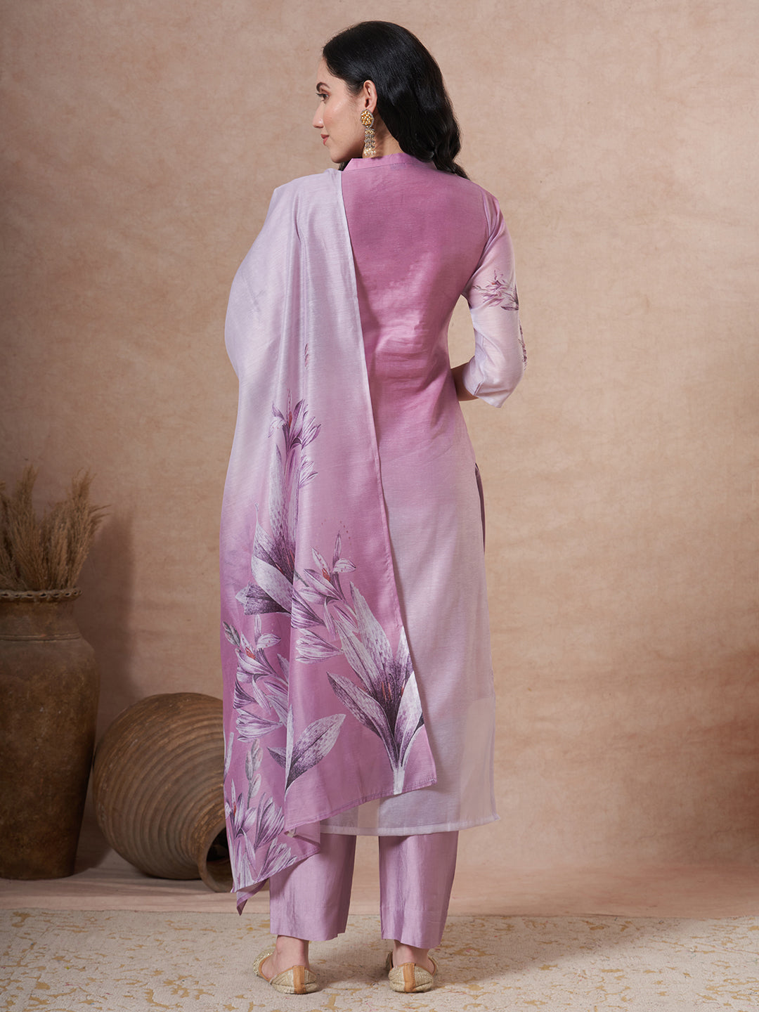Floral Printed Embroidered Straight Fit Kurta with Pant and Dupatta - Mauve