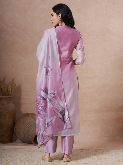 Floral Printed Embroidered Straight Fit Kurta with Pant and Dupatta - Mauve