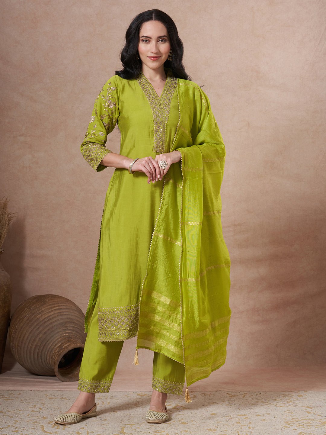 Solid Sequin & Zari Embroidered Straight Fit Kurta with Salwar and Dupatta - Lime Green