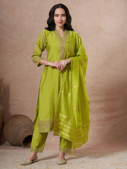Solid Sequin & Zari Embroidered Straight Fit Kurta with Salwar and Dupatta - Lime Green