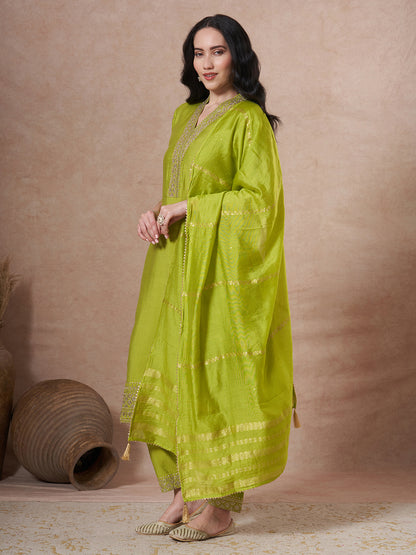 Solid Sequin & Zari Embroidered Straight Fit Kurta with Salwar and Dupatta - Lime Green
