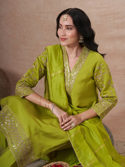 Solid Sequin & Zari Embroidered Straight Fit Kurta with Salwar and Dupatta - Lime Green