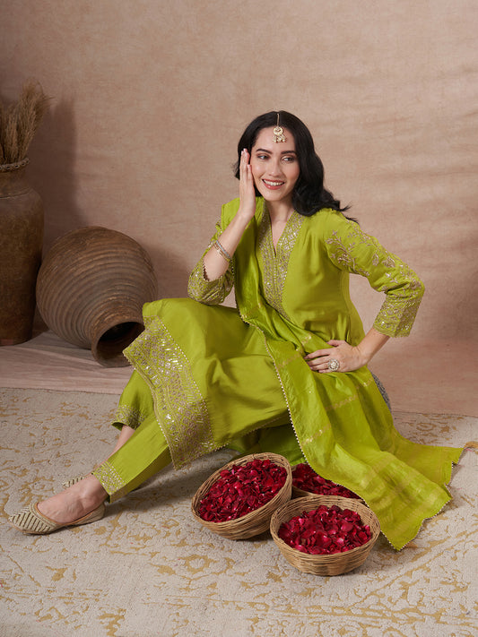 Solid Sequin & Zari Embroidered Straight Fit Kurta with Salwar and Dupatta - Lime Green