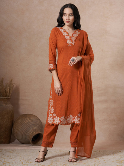 Floral Embroidered Straight Fit Kurta with Pant and Dupatta - Rust