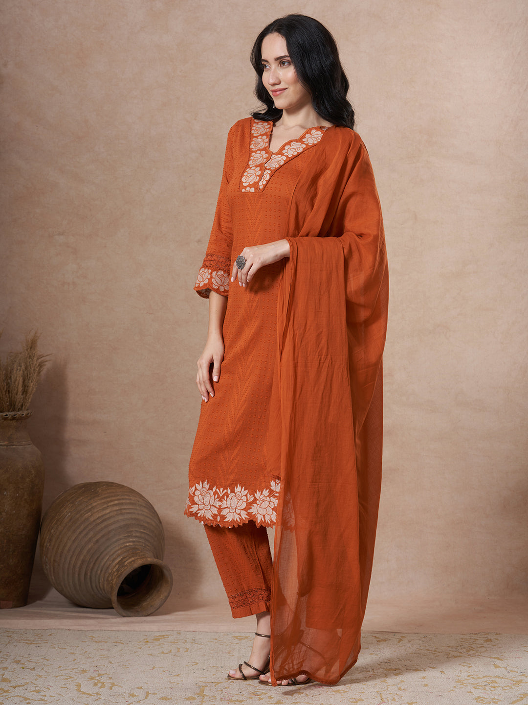 Floral Embroidered Straight Fit Kurta with Pant and Dupatta - Rust