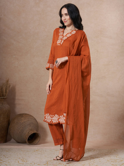 Floral Embroidered Straight Fit Kurta with Pant and Dupatta - Rust