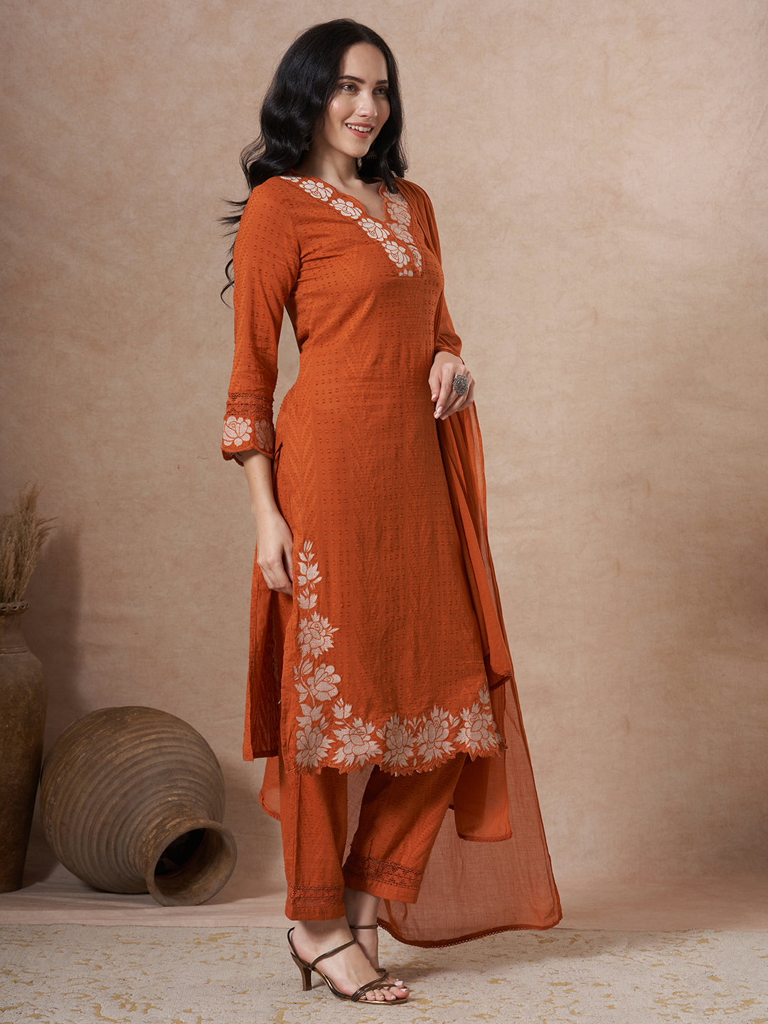 Floral Embroidered Straight Fit Kurta with Pant and Dupatta - Rust