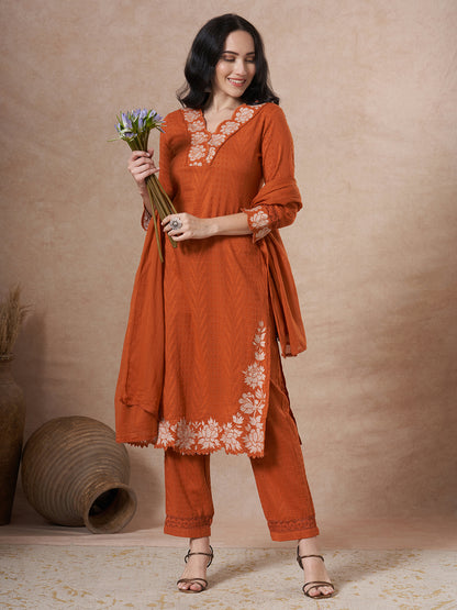 Floral Embroidered Straight Fit Kurta with Pant and Dupatta - Rust