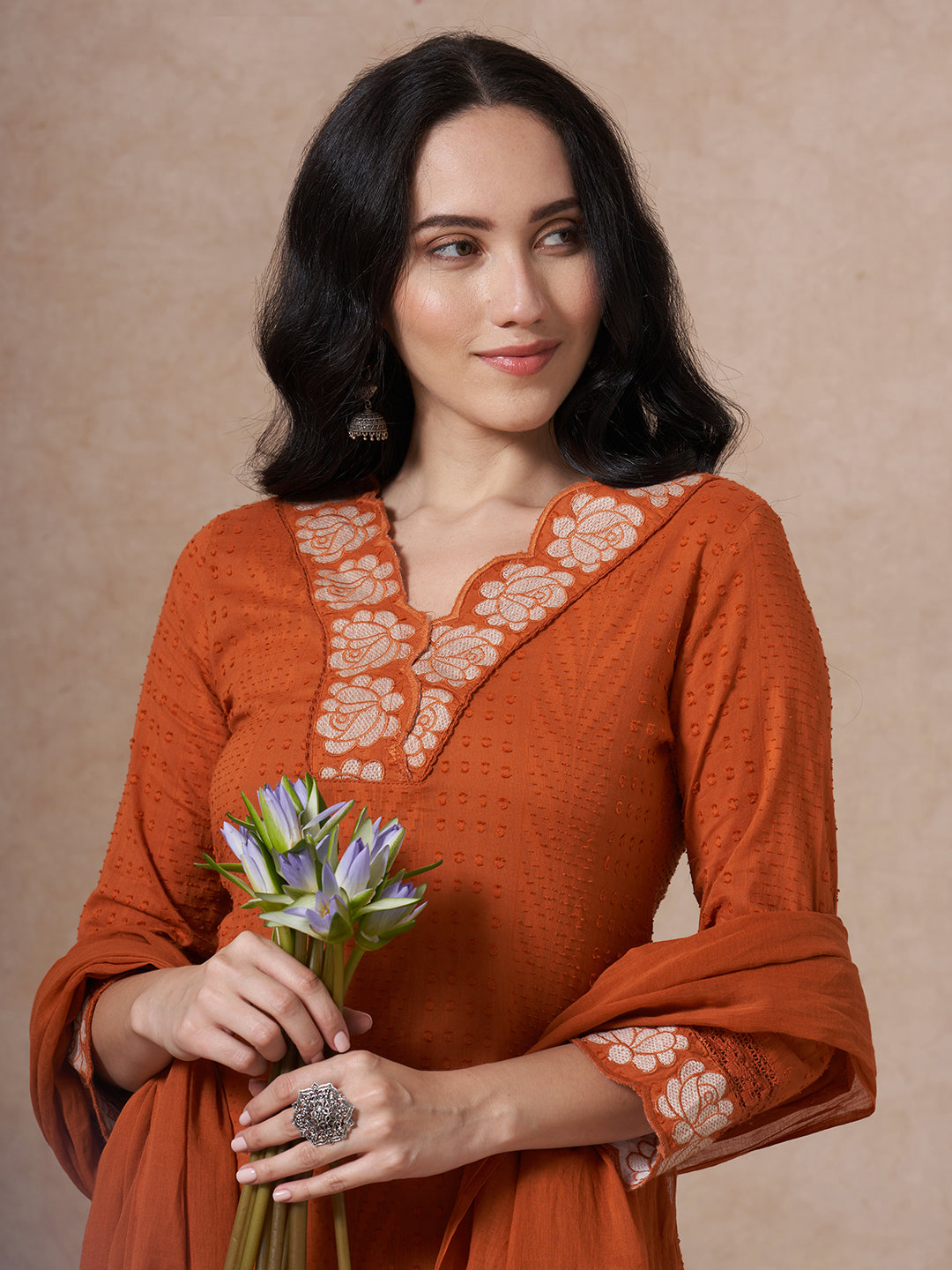 Floral Embroidered Straight Fit Kurta with Pant and Dupatta - Rust