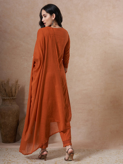 Floral Embroidered Straight Fit Kurta with Pant and Dupatta - Rust