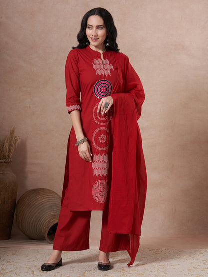 Solid Threadwork Embroidered Straight Fit Kurta with Palazzo and Dupatta - Red