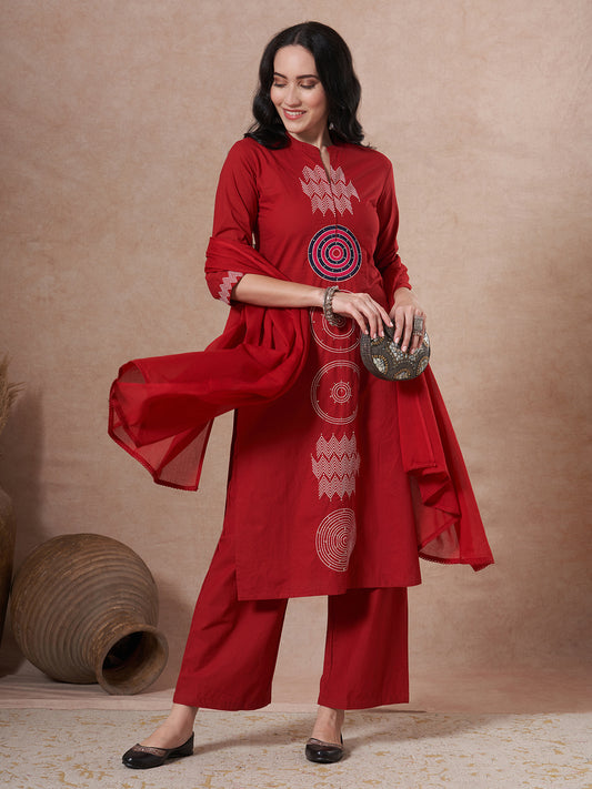 Solid Threadwork Embroidered Straight Fit Kurta with Palazzo and Dupatta - Red