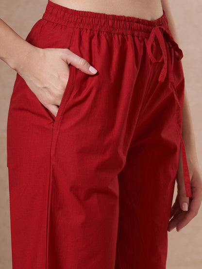 Solid Threadwork Embroidered Straight Fit Kurta with Palazzo and Dupatta - Red
