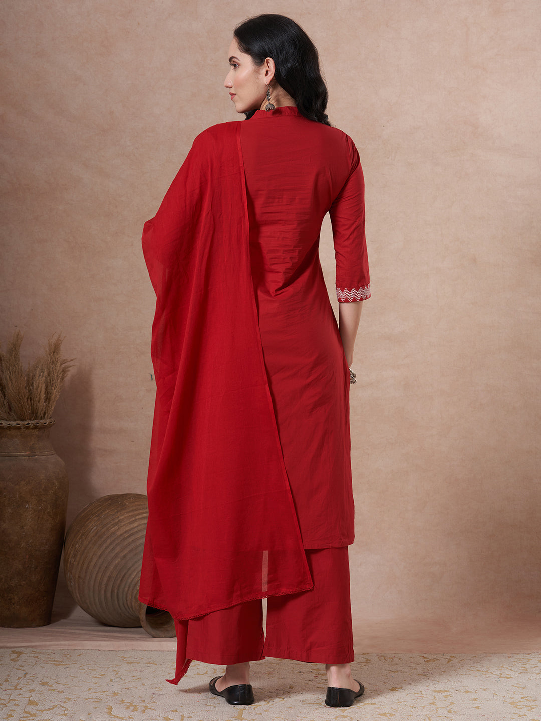 Solid Threadwork Embroidered Straight Fit Kurta with Palazzo and Dupatta - Red