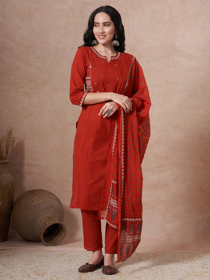 Ethnic Floral Printed & Embroidered Straight Kurta with Pant & Dupatta - Rust