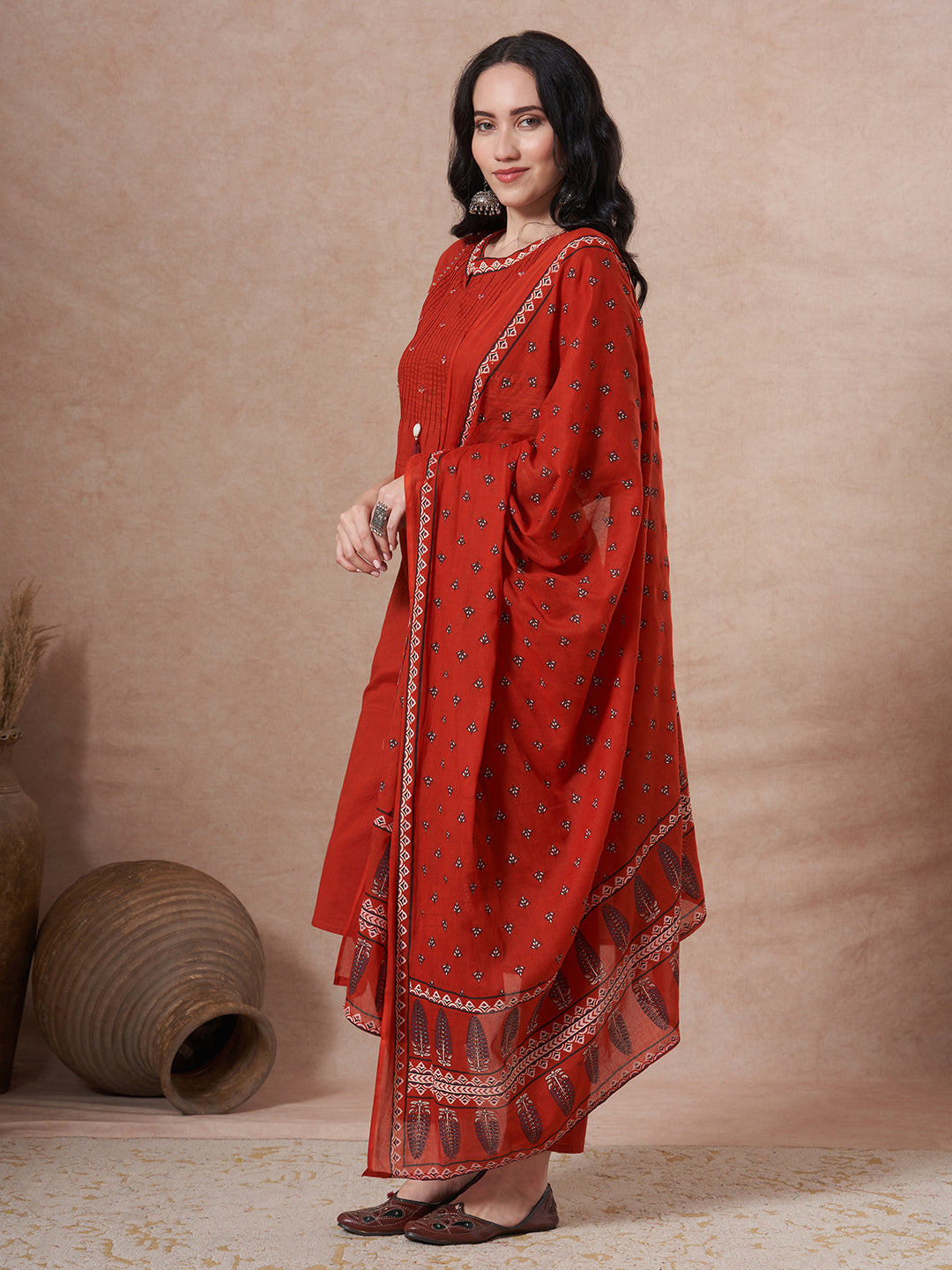 Ethnic Floral Printed & Embroidered Straight Kurta with Pant & Dupatta - Rust