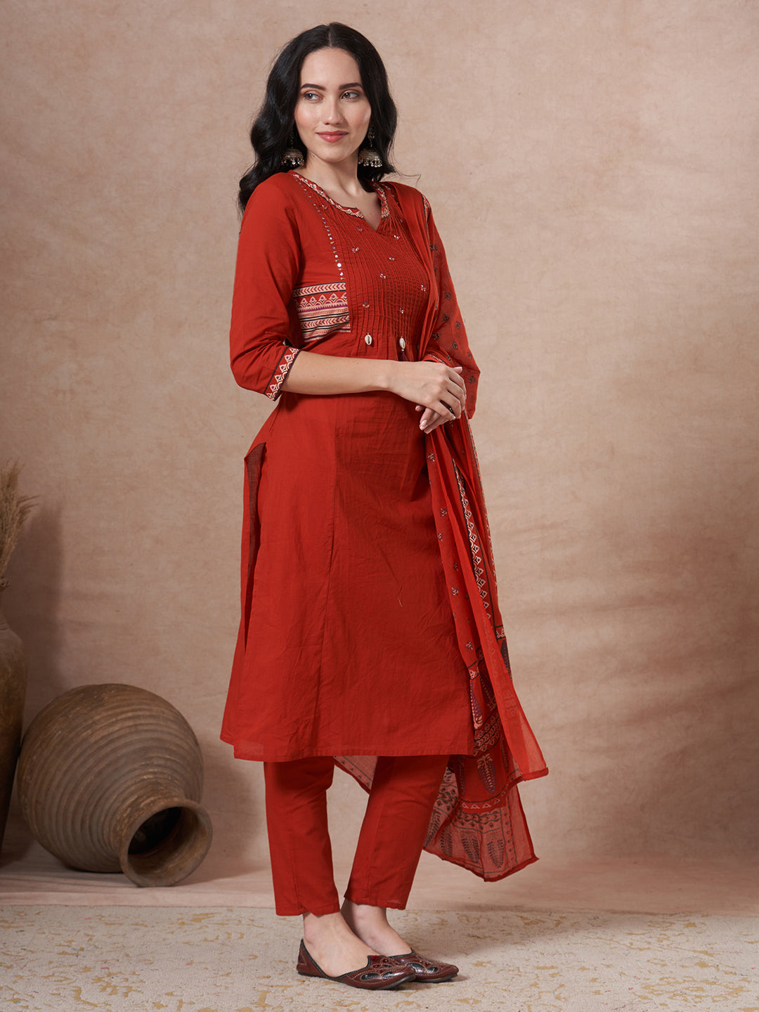 Ethnic Floral Printed & Embroidered Straight Kurta with Pant & Dupatta - Rust