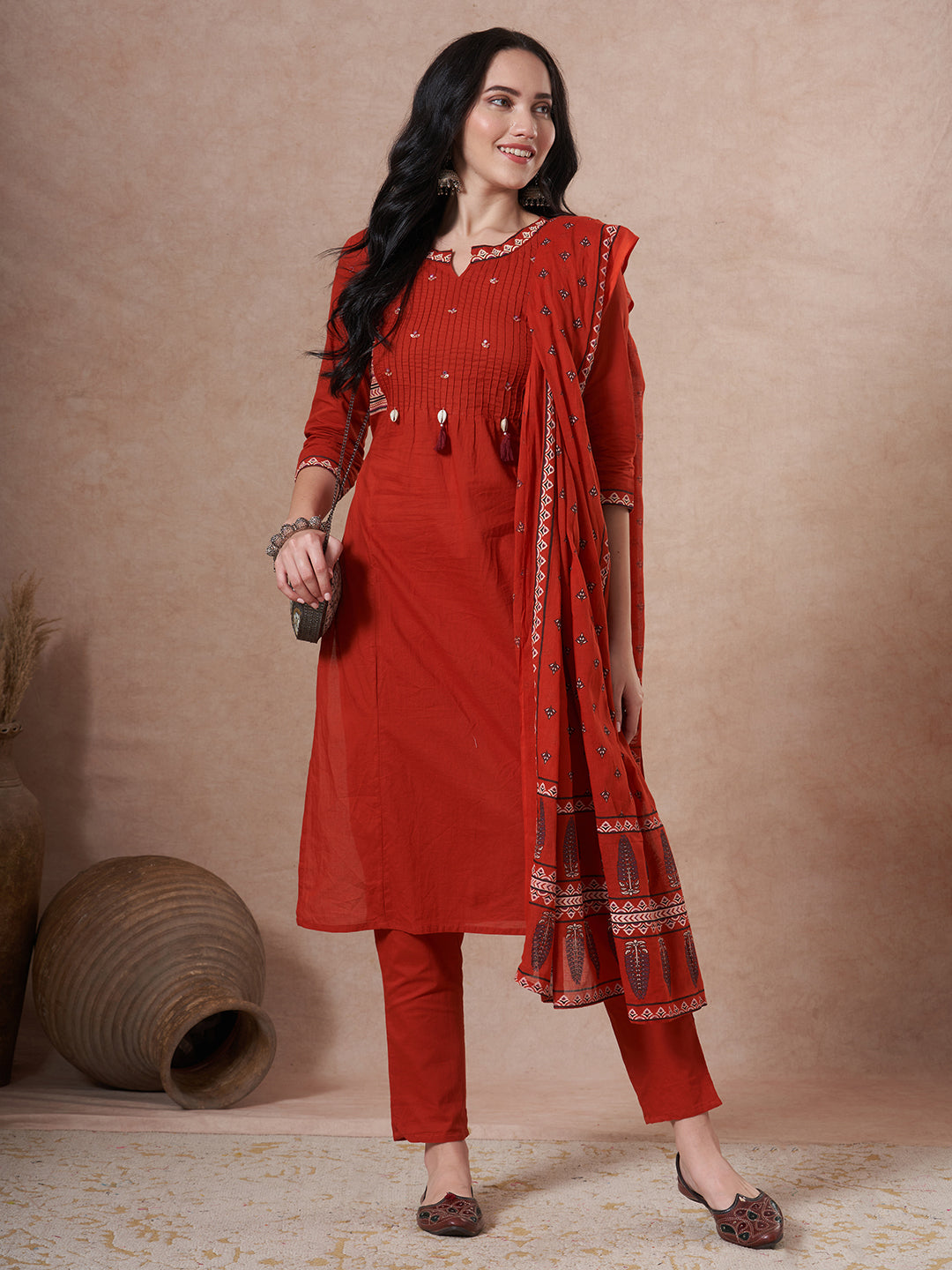 Ethnic Floral Printed & Embroidered Straight Kurta with Pant & Dupatta - Rust