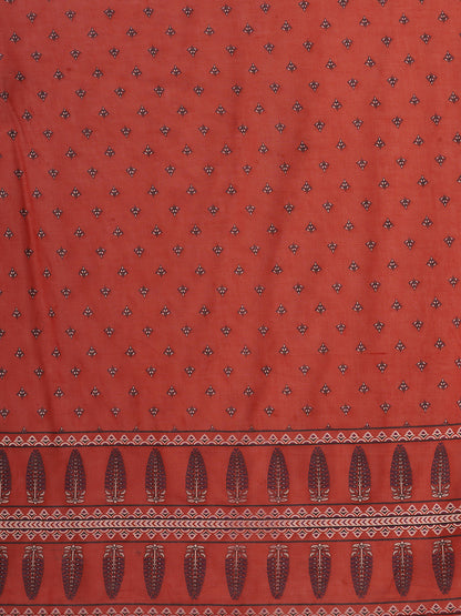 Ethnic Floral Printed & Embroidered Straight Kurta with Pant & Dupatta - Rust